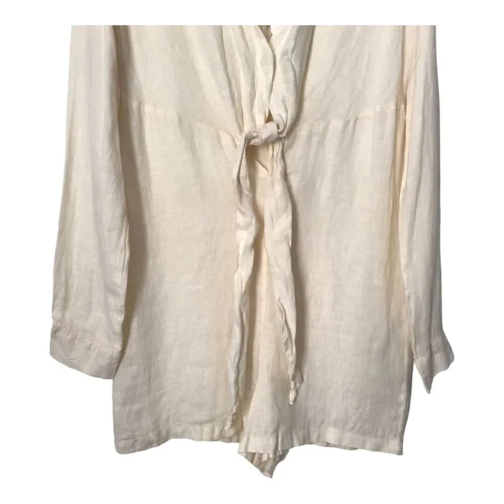 Zara Romper Size XS Tied 100% Linen Oyster White Long Sleeve V-Neck Jumpsuit